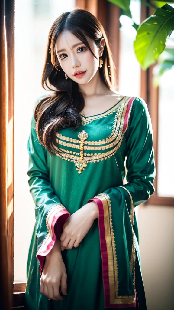 (((HD photo))), ultra high res.photorealistic:. 1.4, UHD1 girl,beautiful detailed eyes,beautiful detailed lips,extremely detailed face,long eyelashes,medium:oil painting,soft lighting,impressionistic style, gradient colors,beautifully shalwar kameez dressed,wistful expression,standing with one hand on the window frame,gentle breeze blowing her hair,warm sunlight streaming through the window,green plants visible outside the window,soft curtains framing the girl,peaceful atmosphere,serene and tranquil ambiance