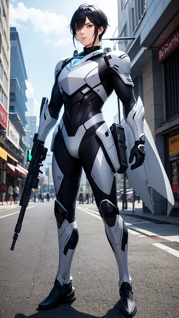 Create a 3D anime cartoon style image of a beautiful soldier armed with futuristic weapons with blue eyes and black hair., black suit, gray and white suit must have all the ornaments of a soldier suit futuristic street environment apply microparticulate neon to the details of the environment in all its colors ,full body shot 300 dpi , HDMI and full definition esena great vibrant tones, perfectly intricate details