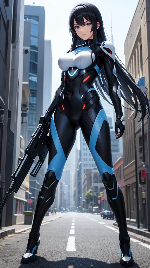 Create a 3D anime cartoon style image of a beautiful soldier armed with futuristic weapons with blue eyes and black hair., black suit, gray and white suit must have all the ornaments of a soldier suit futuristic street environment apply microparticulate neon to the details of the environment in all its colors ,full body shot 300 dpi , HDMI and full definition esena great vibrant tones, perfectly intricate details 