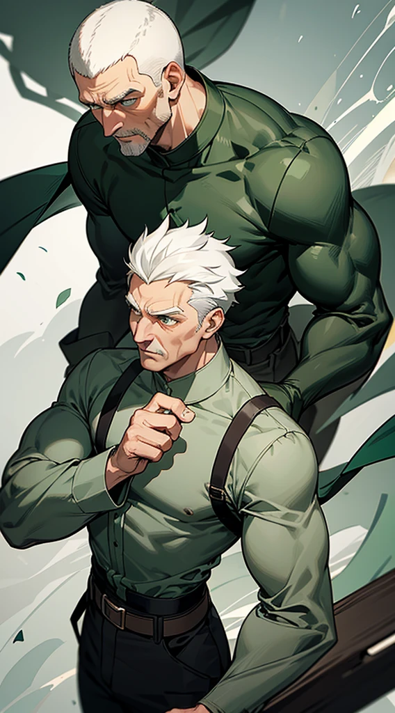 handsome elderly man, gray gray hair, medium hair, ((crew cut: 1)), green eyes, fair skin, ((muscular: 1)), man, 50 years old, green shirt with black, white details, wide pants, black boots, patriarch, wind, green storms.
