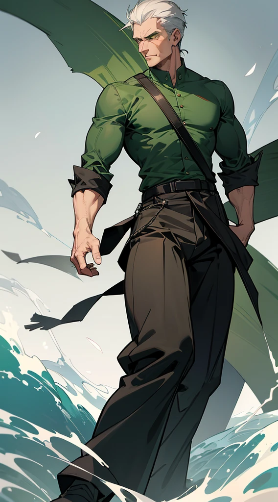 handsome elderly man, gray gray hair, medium hair, ((crew cut: 1)), green eyes, fair skin, ((muscular: 1)), man, 50 years old, green shirt with black, white details, wide pants, black boots, patriarch, wind, green storms.

