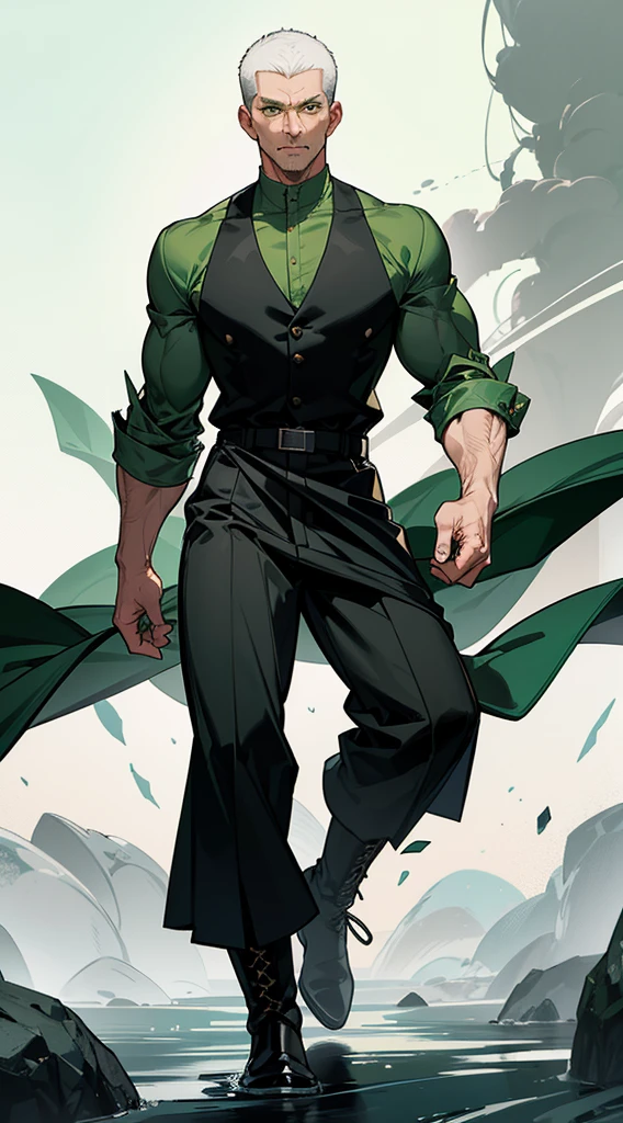 handsome elderly man, gray gray hair, medium hair, ((crew cut: 1)), green eyes, fair skin, ((muscular: 1)), man, 50 years old, green shirt with black, white details, wide pants, black boots, patriarch, wind, green storms.
