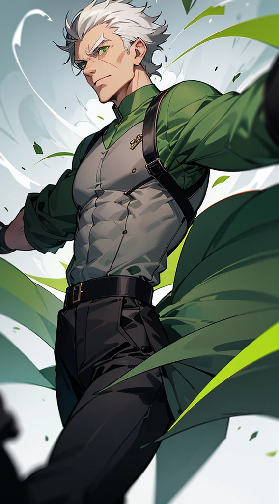 handsome elderly man, gray gray hair, medium hair, ((crew cut: 1)), green eyes, fair skin, ((muscular: 1)), man, 50 years old, green shirt with black, white details, wide pants, black boots, patriarch, wind, green storms.
