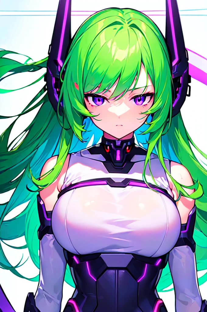 [(WHITE BACKGROUND:1.5),::5], ((((masterpiece)))), high quality, ultra very high resolution, full color, (((solo))), ((Mecha musume)), Mecha girl, ((Green hair)), (Purple eyes), anime, upper body, neon light, cyborg body, (Purple neon effect:1.2)