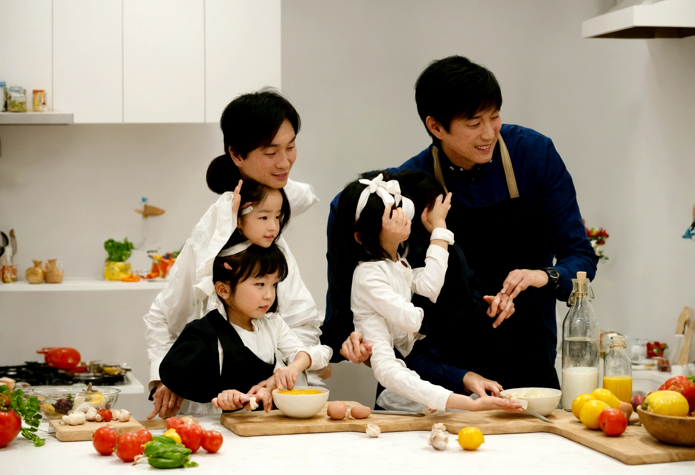 there is a man and woman and a In the kitchen, cooking, In the kitchen里, gourmet food, Wearing an apron, In the kitchen, family, photo, French, lifestyle, photography, Husband, wife, son, children,European,European faces, 使用尼康 d 7 5 0 拍摄的photo, 使用尼康 d750 拍摄的photo, cooking show, 营销photo, children的