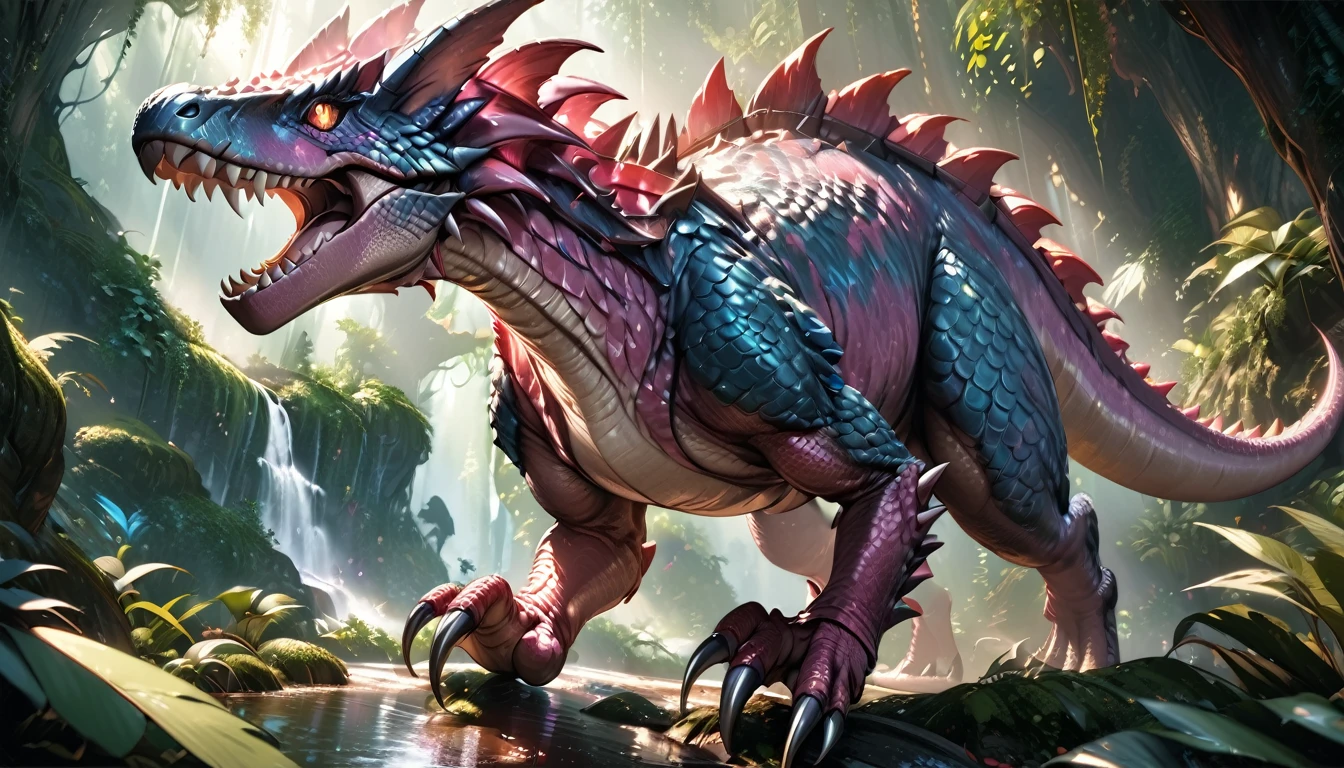 cute pink dinosaur, mythological creature, fantasy art, detailed scales, sharp teeth, claws, spikes, vibrant colors, glowing eyes, dynamic pose, natural environment, lush foliage, sunlight, photorealistic, 8k, high resolution, intricate details, digital painting, concept art