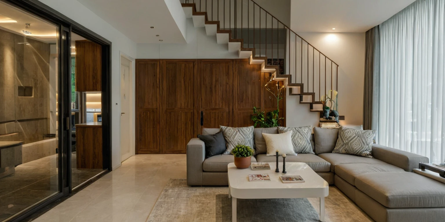 Raw photo, Masterpiece, high quality, best quality, authentic, super detail, interior, indoors, style Indochine modern, minimalist line, wooden, walnut veneer wood, led light, white paint wall, sofa, daylight, atrium, LIVING ROOM, PEN HOUSE,