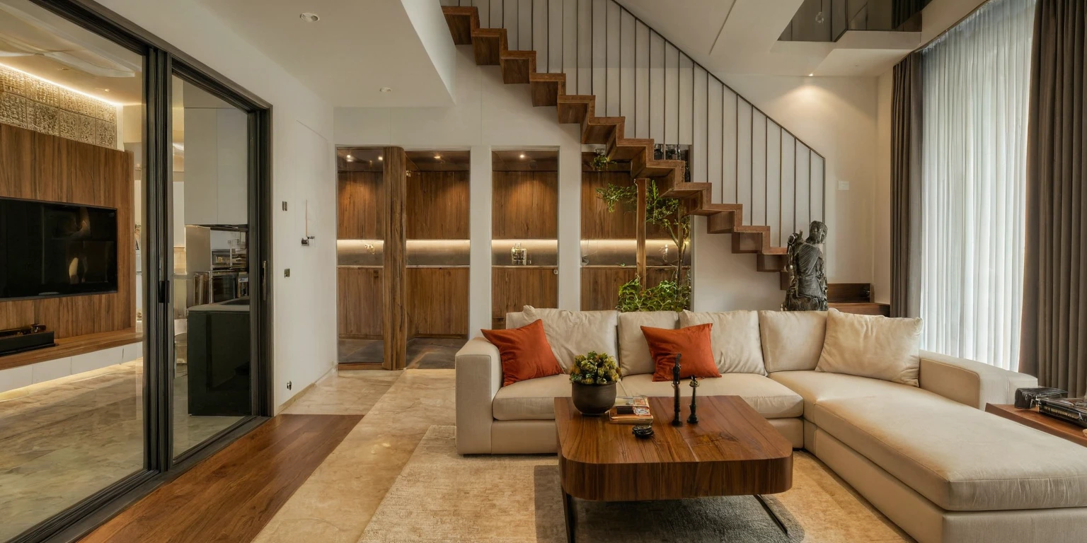 Raw photo, Masterpiece, high quality, best quality, authentic, super detail, interior, indoors, style Indochine modern, minimalist line, wooden, walnut veneer wood, led light, white paint wall, sofa, daylight, atrium, LIVING ROOM, PEN HOUSE,