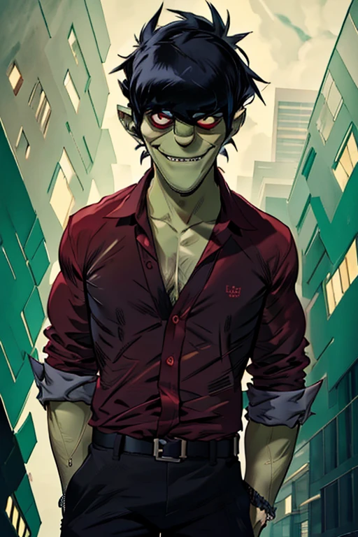 murdocgrllz, grin,red eyes, black button down shirt, collarbone, chest, waist shot, portrait shot, cinematic light,masterpiece,best quality, ultra high res, dusk,cityscape,