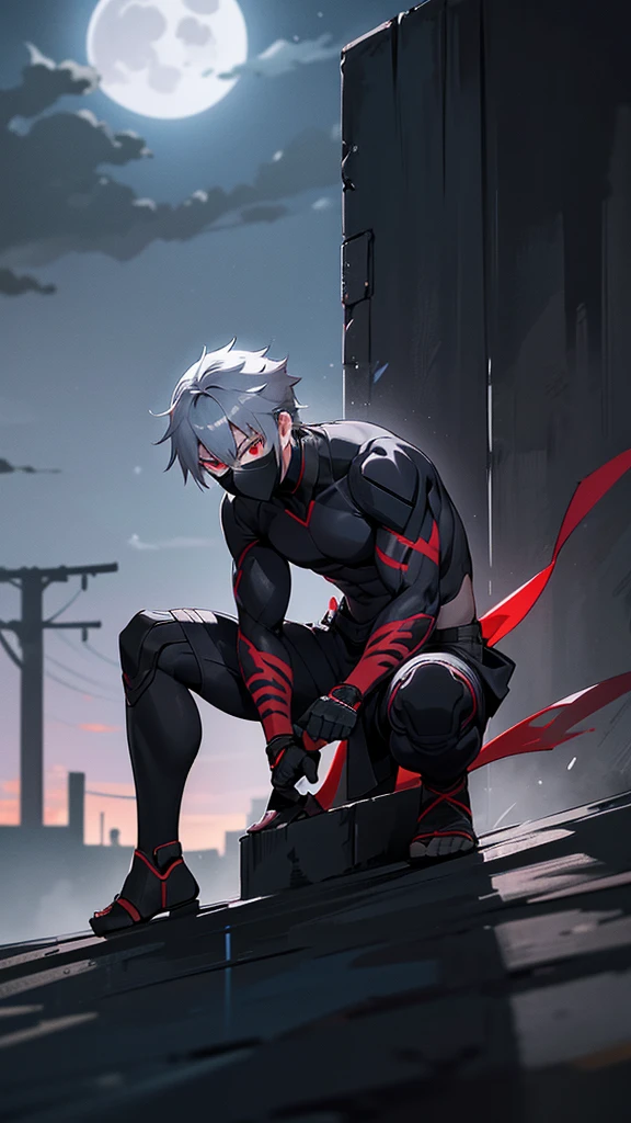 a male ninja with cat-like features, 18 years old, grey hair, red eyes, ninja attire, in the dark night, blending into the shadows, lower half of face obscured, faintly lit by moonlight, in an urban setting, full body, posed in a crouching stance, best quality, ultra-detailed, masterpiece