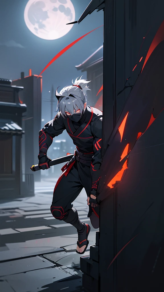 a male ninja with cat-like features, 18 years old, grey hair, red eyes, ninja attire, in the dark night, blending into the shadows, lower half of face obscured, faintly lit by moonlight, in an urban setting, full body, posed in a crouching stance, best quality, ultra-detailed, masterpiece