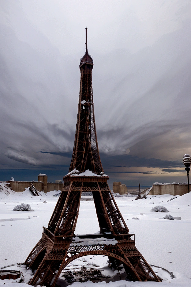 cinematic shot, catastrophic movie, decayed ruins of a partially destroyed eiffel tower, buried in snow, heavy snow storms, ice desert, covered by snow