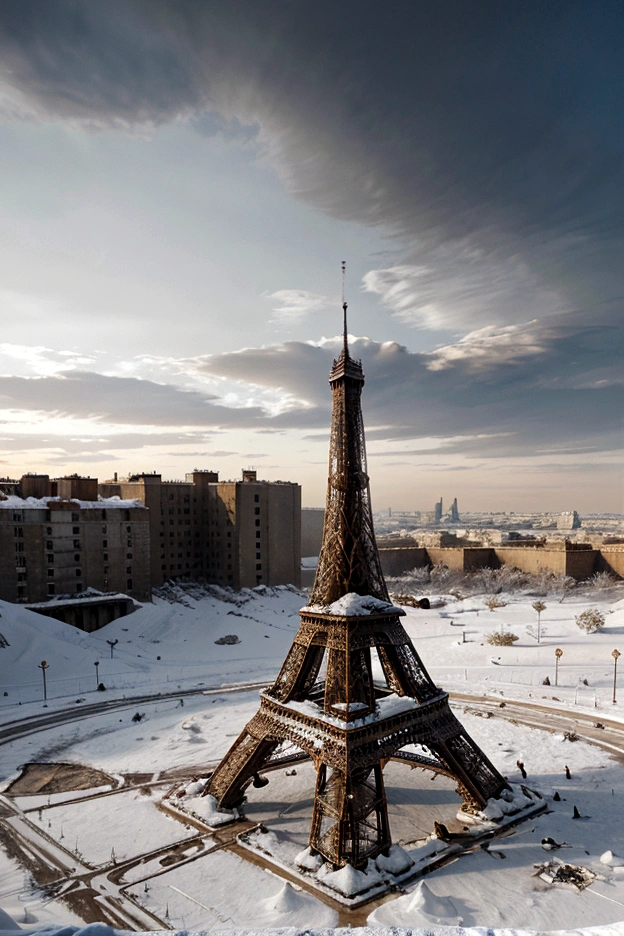 cinematic shot, catastrophic movie, decayed ruins of a partially destroyed eiffel tower, buried in snow, heavy snow storms, ice desert, covered by snow