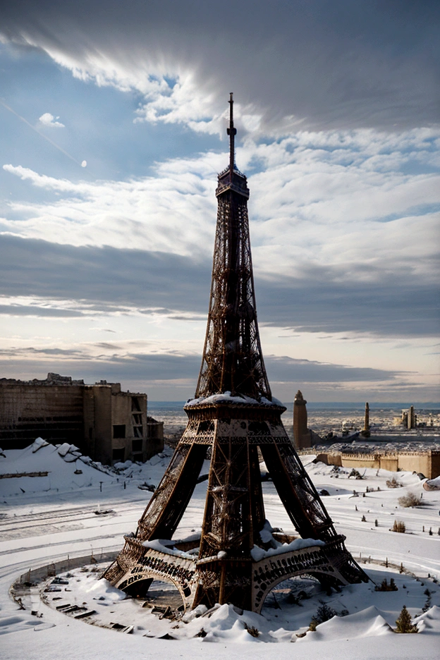 cinematic shot, catastrophic movie, decayed ruins of a partially destroyed eiffel tower, buried in snow, heavy snow storms, ice desert, covered by snow