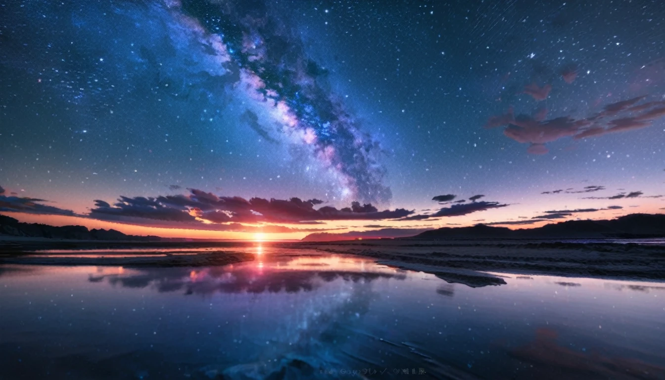 scenery, Super detailed, 8K, Starry sky, nebula, horizon, Reflective water surface, green, nice, summer, Genuine, RAW Photos