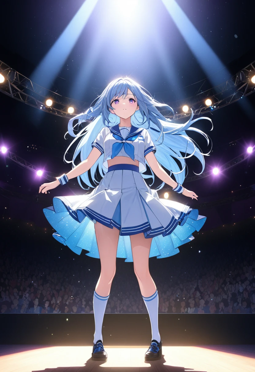 Idol Stage, Idol Dress, beautiful, Very detailed, masterpiece, Highest quality, Tyndall effect, light, Stage lighting, Blue-toned long-haired high school girl、Purple eyes、Sailor suit, Knee socks, on stage, look up, Light Scattering, Volumetric lighting, Spotlight, light, atmosphere, Octane Rendering, 8K