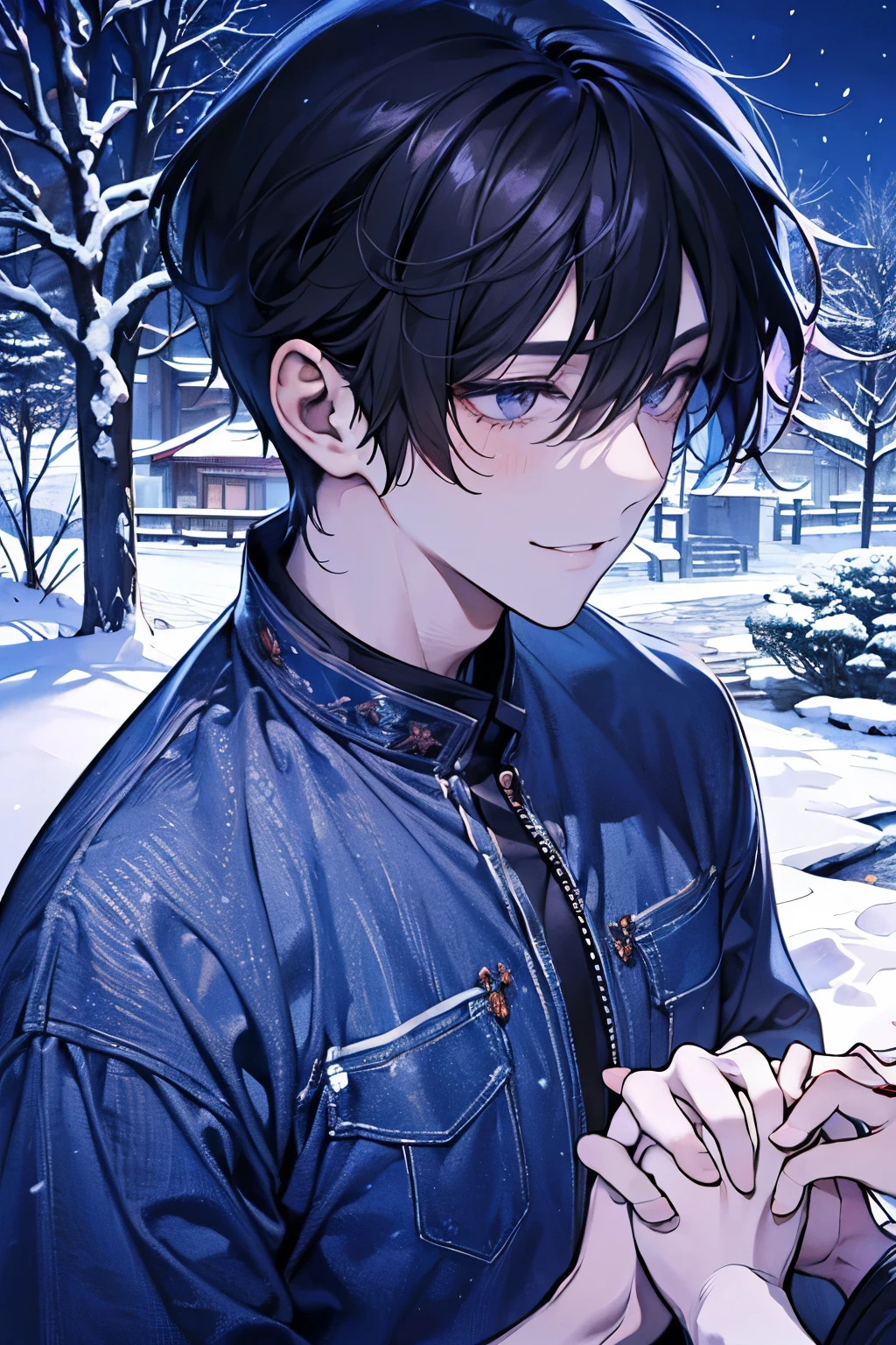 A handsome young man. The moment just before he picks up a kisses it. A quiet garden covered with snow. The garden has a small pine tree and a stone lantern covered with snow, softly illuminated by the early morning light. His features are smooth black hair, styled in a denim and T-shirt style, and deep purple eyes that reflect the hopeful beginning,blush,Smile,((upperbody:1.2)),((Date,Holding hands:1.4)),((ラブラブ♥️:1.25)).
