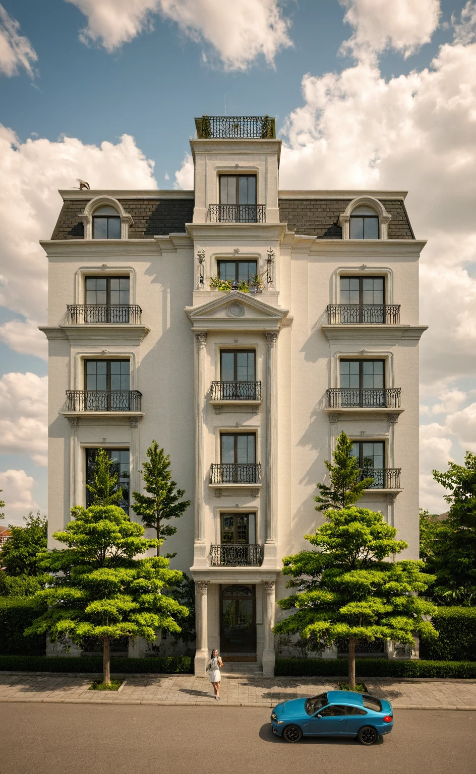 Raw photo,Masterpiece, high quality, best quality, authentic, super detail,
exterior, outdoors, house style neoclassic on the street ,aiaigroup, car, motobike, girl, human,
road,pavement, grass, trees, sky, cloud, (day:1.1)