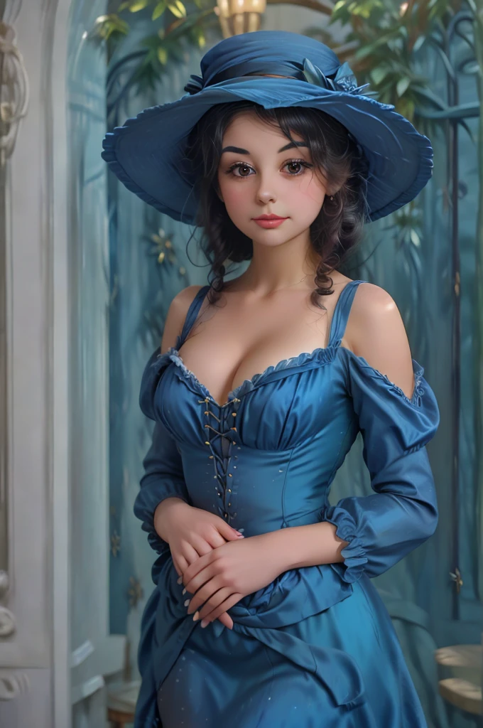 a close up of a woman in a blue dress and hat, a character portrait inspired by Sophie Pemberton, flickr, art nouveau, a beautiful victorian woman, victorian style costume, wearing 10s era clothes, pretty face!!, beautiful female dorothy gale, in victorian aristocrat, emylie boivin, jenna coleman as the doctor, old timey