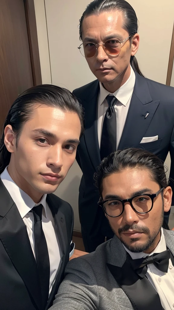 A man with his bangs down and a man with his hair slicked back are taking a selfie, suit, Luxury, Japanese