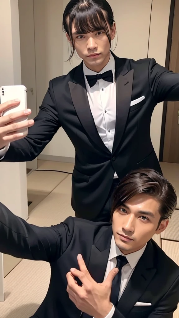 A man with his bangs down and a man with his hair slicked back are taking a selfie, suit, Luxury, Japanese