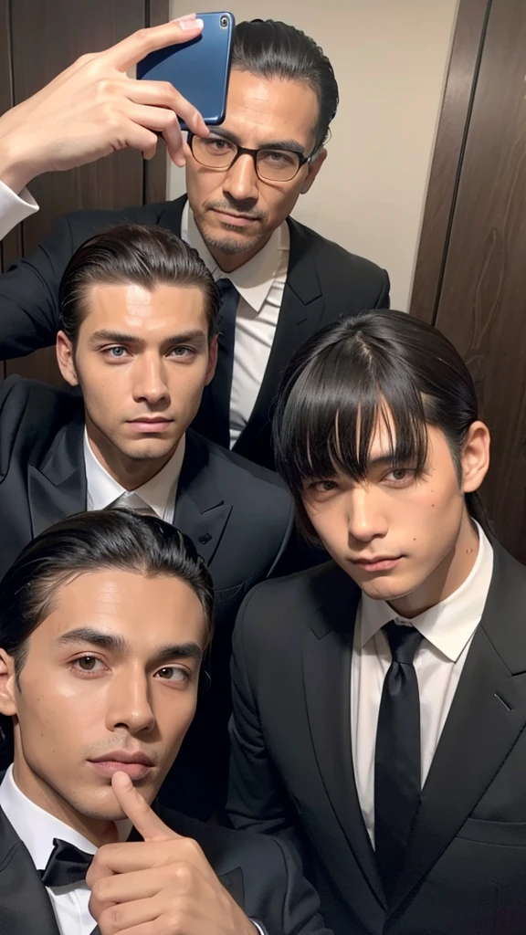 A man with his bangs down and a man with his hair slicked back are taking a selfie, suit, Luxury, Japanese