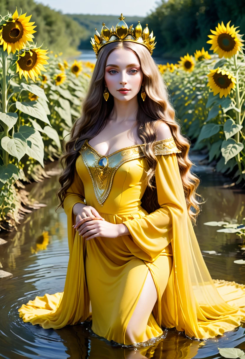 White-skinned Oshun saint, beautiful long hair and a gold crown with a yellow dress in a beautiful river with sunflowers and a gold mirror in her hand relaxing