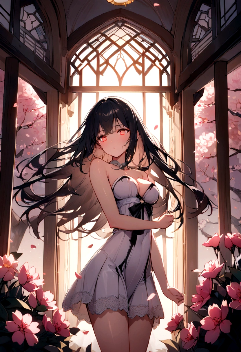 (masterpiece, top quality, very aesthetic, 4k、illustration), intricate detail, 1woman,、solo,contrapposto 、glowing eyes、,(cowboy shot)、light persona、(),beautiful face、from side、Emotionless、straight hair、red to black gradient hair、,middle hair,sidelock ,red eyes、white Summer Dresses、small breasts、Slim 、