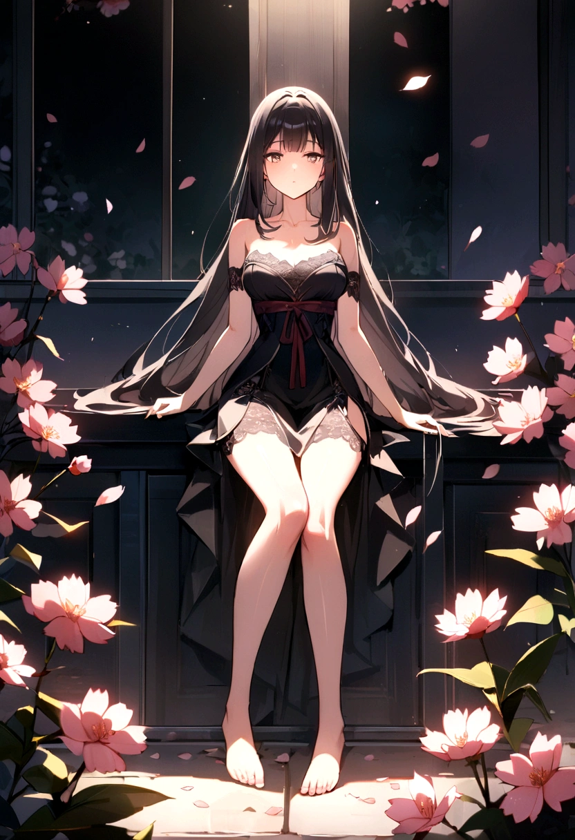 Lace,Ribbon,(masterpiece, Side Light, 精致beautiful灰色眼睛: 1.2), Medium breasts, Practical, Shiny hair,Black Hair,long hair, Glowing skin, Solitary, Awkward,Strapless,Beautifully,beautiful,garden,Flowers,Flying petals, Bare legs, Cherry blossoms, light, Composition, Rich expression