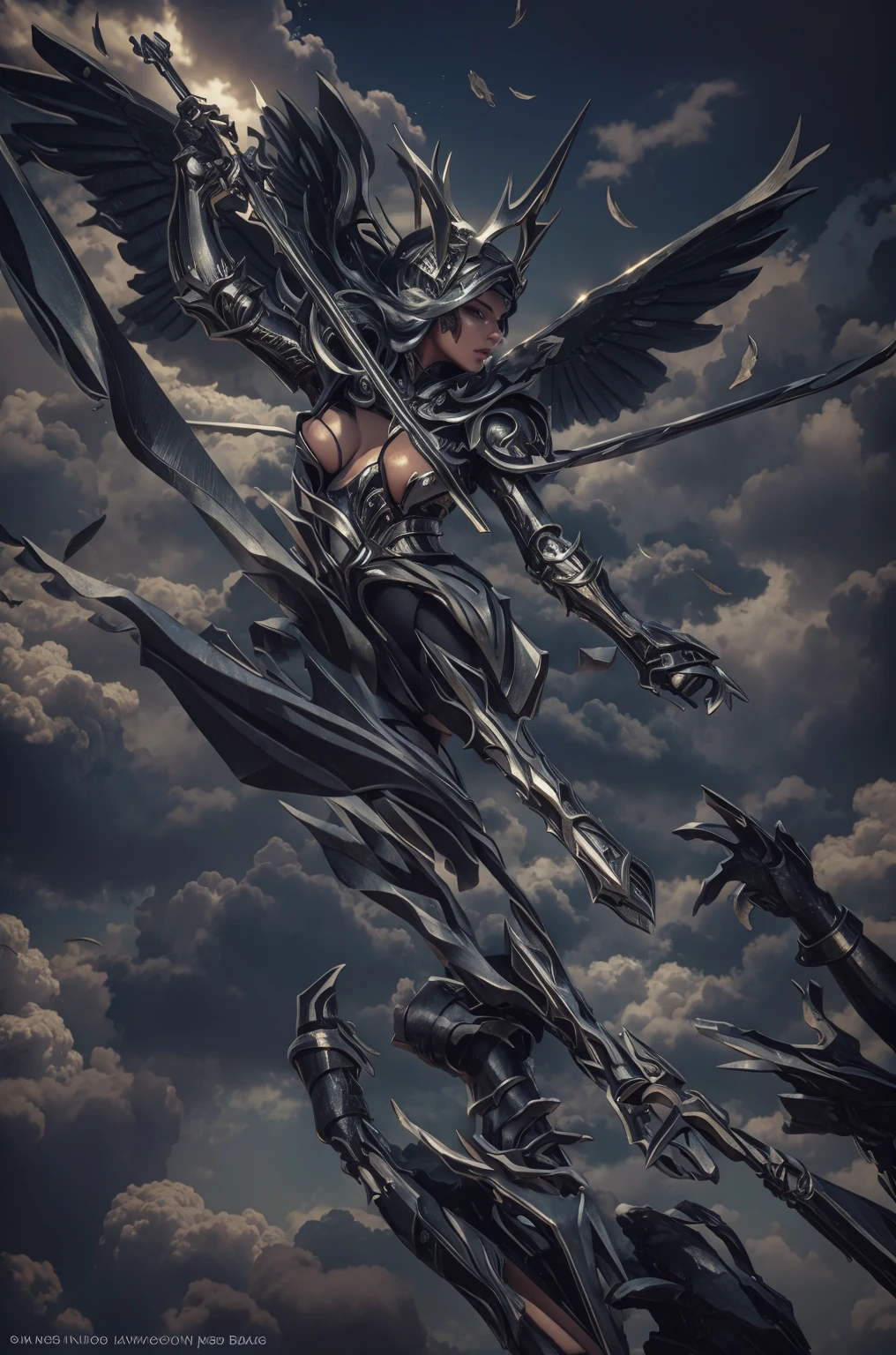 blindfolded, big breast, Divine judgement, sending from the sky, dynamic pose, A beautiful angel woman with huge wings, 2 giant horns, facing forward, in a melancholy pose, with a beautiful sharp face, ultra-detailed, hyper realistic, cinematic lighting, dark moody colors, dramatic shadows, intricate details, ethereal, fantasy, elegant, photorealistic, body armor, showing no emotion, grey skin