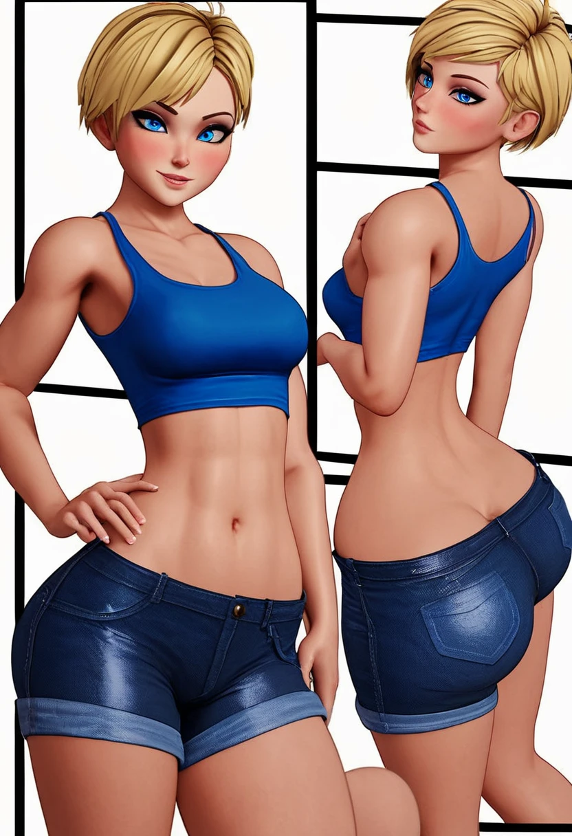 Panel work of art, blue colored eyes, short blonde hair, wearing a tight blue tank top with a low neckline, wearing short, tight denim shorts with the ons open, defined body, 4K HD image