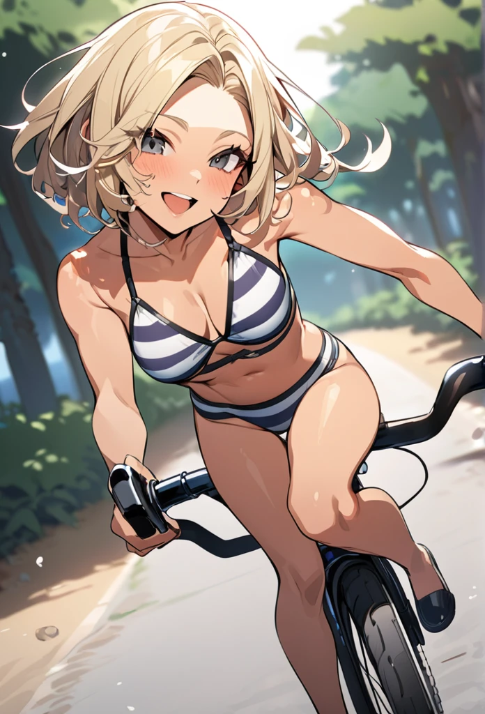 (anime style),masterpiece, best quality, extremely detailed,16Year old,tanned skin,dark skin, Beautiful body,glamour breasts,BREAK,multicolored colorful blonde hair,short hair,hair slicked back,BREAK,black eyes,happy smile,open mouth,eyes widen,happiness
smile face,detailed lips,open legs,BREAK,cotton black big ribbon,BREAK,striped hanging bikini,break,head tilt,beach side,ride on cycle,