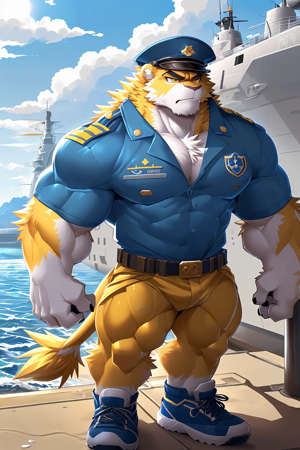 (sfw:1.5), male focus, Handsome 1boy, solitary,protrait photo, (Black thick eyebrows:1.3),single, (Black nails, Black claws:1.4), yellow skin, (yellow tail:1.4), (perfect golden eyes:1.4), (yellow ears, yellow body, Hand:1.3),(White belly, White chest, 白色Hand臂内侧:1.3), (棕色的mane, Brown tail hair:1.3),
yellow lion, feet, lion, lion boy, lion body, (large eyes:1.4), (mane, Lion's Tail:1.4), (Chubby, The body is huge, Larger face:1.3), (Lots of scars, lots of scars, Lots of scars:1.3),
(blue military uniform, blue military uniform裤, Short-sleeved blue uniform:1.3), (Wearing clothes:1.4), (Brown belt:1.2) ,(blue military cap:1.4), (褐色的Short shoes, Short shoes:1.2), (裸露Hand腕, 裸露Hand腕:1.4),
(full body:1.3), (Mature men:1.4), (Strong body, Large size:1.3), (Strong body, muscle,Strong male, muscle男, Bare chest muscles:1.3), (Red nipples:1.1), (Abdominal muscles, 裸露的Abdominal muscles:1.4), belly button, (粗壮Hand臂, Strong and strong legs, Strong legs:1.3), (look up, Standing:1.3), (Looking at the audience, Focus, Eyes gaze:1.1), (arrogant, Disdain, ruthless:1.1), (serious, indifferent, Cold, Unhappy, unhappy:1.4),
full background, (Concrete floor, River dams, Dam:1.2), (seaside, warship, warship, fleet:1.4), (Boat:1.2), daytime, Blue sky, White Cloud,
Mysterious and romantic atmosphere, Caustic lines(refraction, polarization)Perfect anatomical structure, absurd, Detailed background, (Delicate eyes:1.3),Printing style。((artist:Takemoto Arashi))