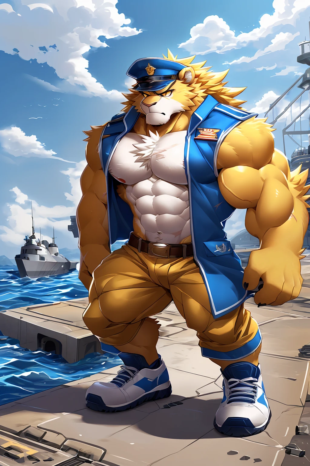 (sfw:1.5), male focus, Handsome 1boy, solitary,protrait photo, (Black thick eyebrows:1.3),single, (Black nails, Black claws:1.4), yellow skin, (yellow tail:1.4), (perfect golden eyes:1.4), (yellow ears, yellow body, Hand:1.3),(White belly, White chest, 白色Hand臂内侧:1.3), (棕色的mane, Brown tail hair:1.3),
yellow lion, feet, lion, lion boy, lion body, (large eyes:1.4), (mane, Lion's Tail:1.4), (Chubby, The body is huge, Larger face:1.3), (Lots of scars, lots of scars, Lots of scars:1.3),
(blue military uniform, blue military uniform裤, Short-sleeved blue uniform:1.3), (Wearing clothes:1.4), (Brown belt:1.2) ,(blue military cap:1.4), (褐色的Short shoes, Short shoes:1.2), (裸露Hand腕, 裸露Hand腕:1.4),
(full body:1.3), (Mature men:1.4), (Strong body, Large size:1.3), (Strong body, muscle,Strong male, muscle男, Bare chest muscles:1.3), (Red nipples:1.1), (Abdominal muscles, 裸露的Abdominal muscles:1.4), belly button, (粗壮Hand臂, Strong and strong legs, Strong legs:1.3), (look up, Standing:1.3), (Looking at the audience, Focus, Eyes gaze:1.1), (arrogant, Disdain, ruthless:1.1), (serious, indifferent, Cold, Unhappy, unhappy:1.4),
full background, (Concrete floor, River dams, Dam:1.2), (seaside, warship, warship, fleet:1.4), (Boat:1.2), daytime, Blue sky, White Cloud,
Mysterious and romantic atmosphere, Caustic lines(refraction, polarization)Perfect anatomical structure, absurd, Detailed background, (Delicate eyes:1.3),Printing style。((artist:Takemoto Arashi))