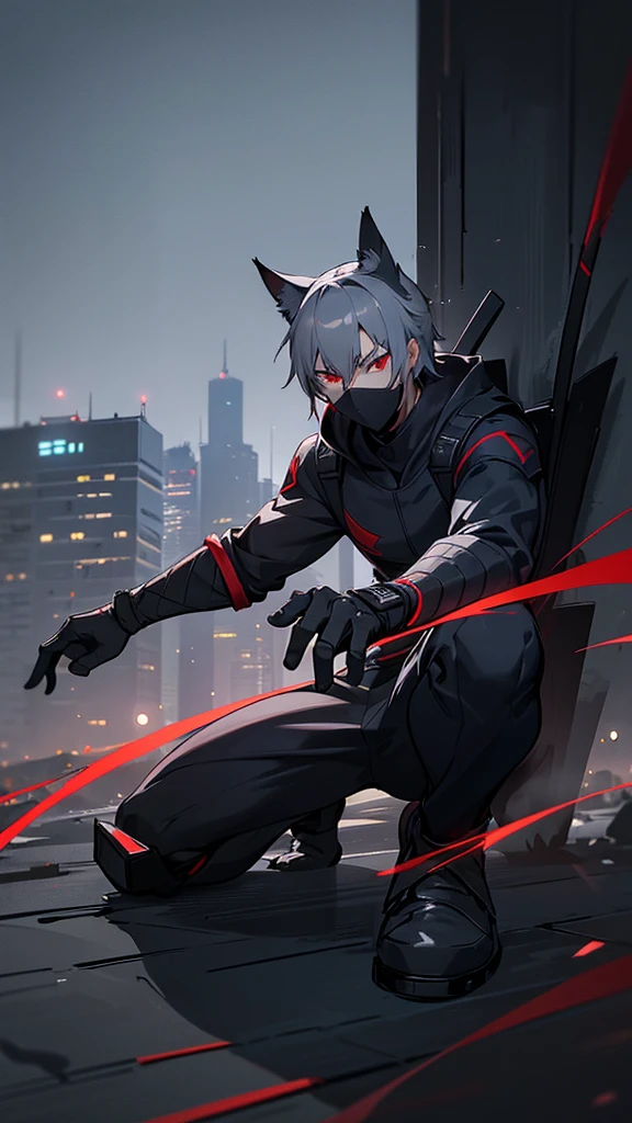 a male ninja with cat-like features, 18 years old, grey hair, red eyes, ninja attire, in the dark night, blending into the shadows, lower half of face obscured, faintly lit by moonlight, in an urban setting, full body, posed in a crouching stance, best quality, ultra-detailed, masterpiece