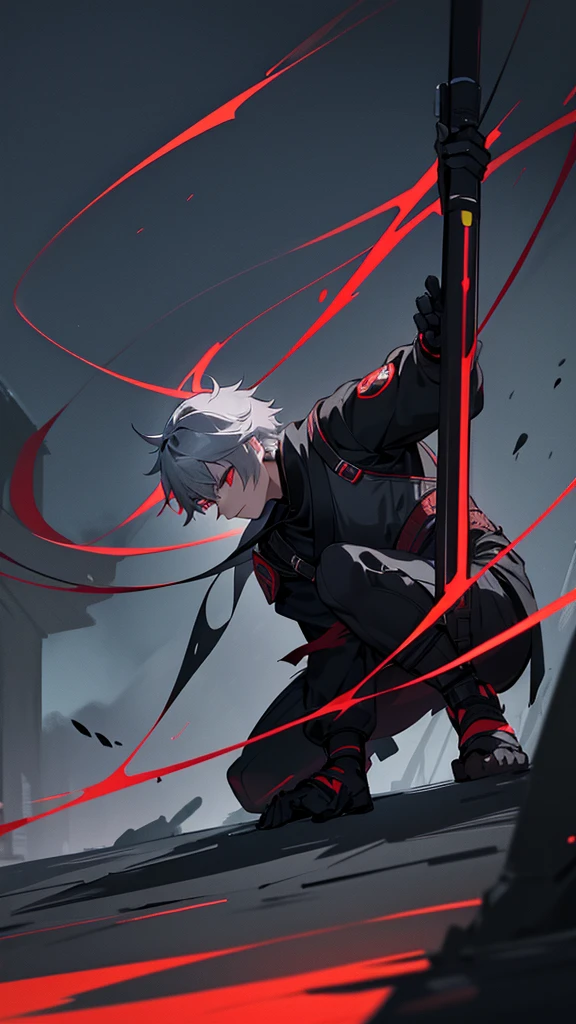 a male ninja with cat-like features, 18 years old, grey hair, red eyes, ninja attire, in the dark night, blending into the shadows, lower half of face obscured, faintly lit by moonlight, in an urban setting, full body, posed in a crouching stance, best quality, ultra-detailed, masterpiece