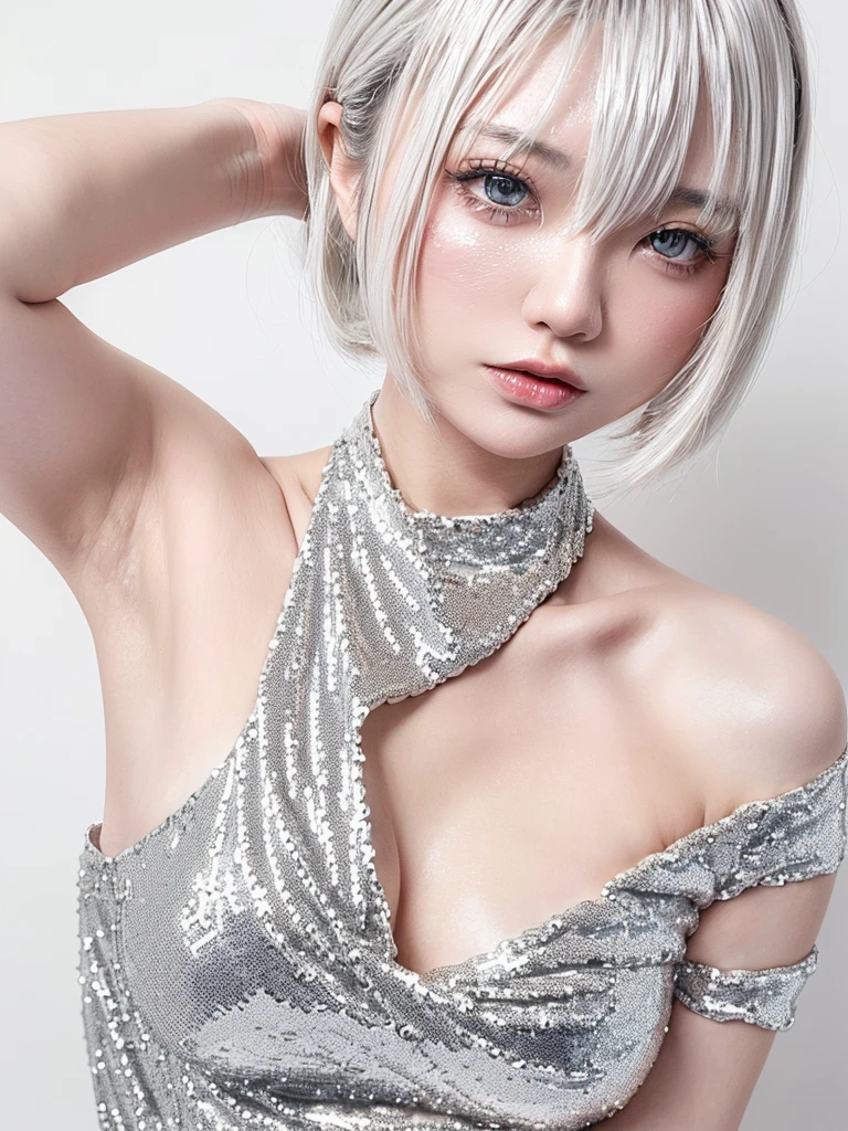 (((amount、white 、Asian woman、beautiful girl、、Silver Hair、white Background、)))、Tabletop, Highest quality, shape, Very detailed, finely, High resolution, 8k wallpaper, Perfect dynamic composition, finelyて美しい目, Deco Out, ((Medium Hair 1.5)),((( Small Breasts 1.5,Slender body type 1.5)))、 Natural color lip,white Background, Random cute poses,、(((Silver sequin dress 1.5)))、Off the shoulder、whiteのハイレグ1.4