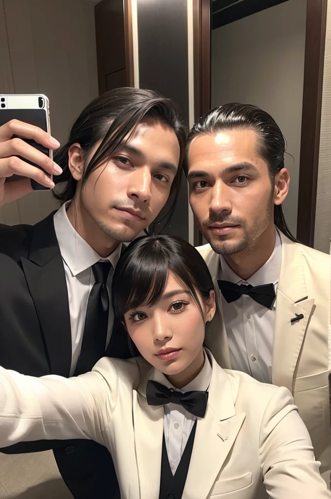 A man with his bangs down and a man with his hair slicked back are taking a selfie, suit, Luxury, Japanese