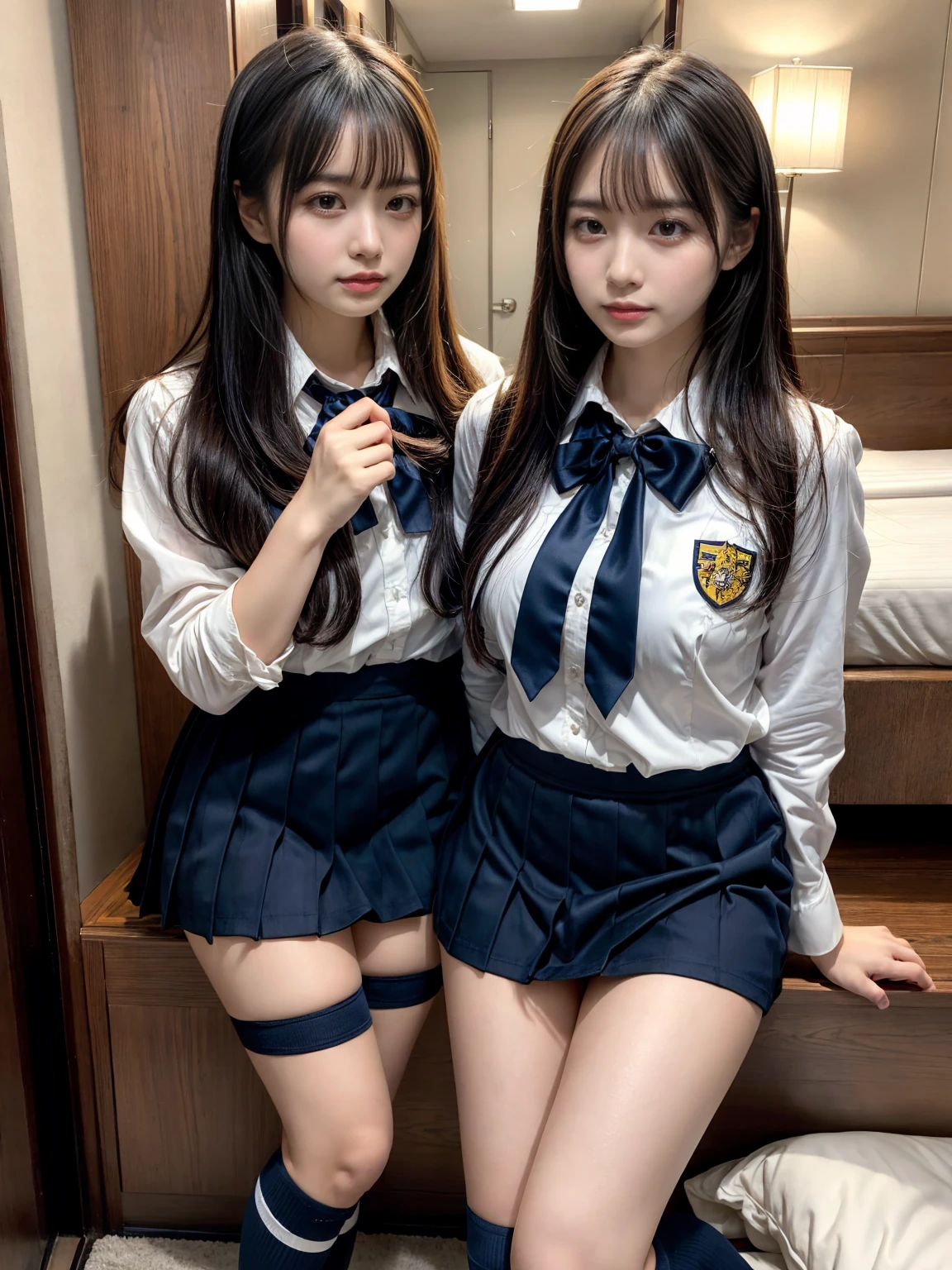 (8K, RAW Photos, Highest quality, masterpiece:1.2), masterpiece, super detailed, super high quality, (Realistic and photorealistic photography:1. 37), High-resolution RAW color photos, Very delicate and beautiful, highly detailed, 8k wallpaper, wonderful, detailed, Very eye, very detailed, very detailed skin, very thin fingers, very detailed nose, very detailed mouth, Perfect Anatomy, BREAK, (2 girls, japanesgirls:1.2), Colossal tits, short bob hair, black hair color, huge breasts, very huge round breasts, Beautiful makeup, glitter makeup, Big Natural Color Lip, perfect body shape, crying a little, beautiful legs, beautiful legs, Voluptuous thighs, BREAK, High school girl uniform, blazer, Super Short Check Uniform Skirt, Navy blue high socks, BREAK, The background is a luxury hotel room
