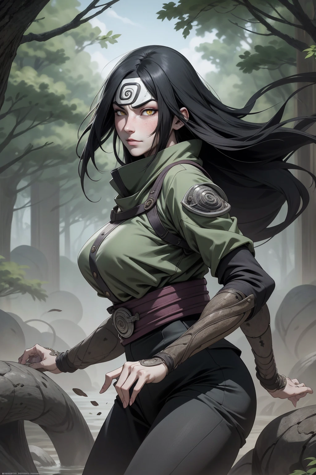 {-erro_de_anatomia:1.0} estilo anime, Masterpiece, absurdities, Orochimaru\(Naruto\), 1girl Solo, Mature woman, Oversized shirt with broad shoulders, Perfect composition, Detailed lips, large breasts, Beautiful face, body proportion, Blush, Long black hair, ( black hair), yellow eyes, (sexy), Soft gauze, Super realistic, Detailed, photo shoot, Realistic faces and bodies, masterpiece, best quality, best illustration, hyper detailed, 1 girl, solo, glamorous, blushing, whole body, fighting, on nature, backwards, looking back, dimanic poses