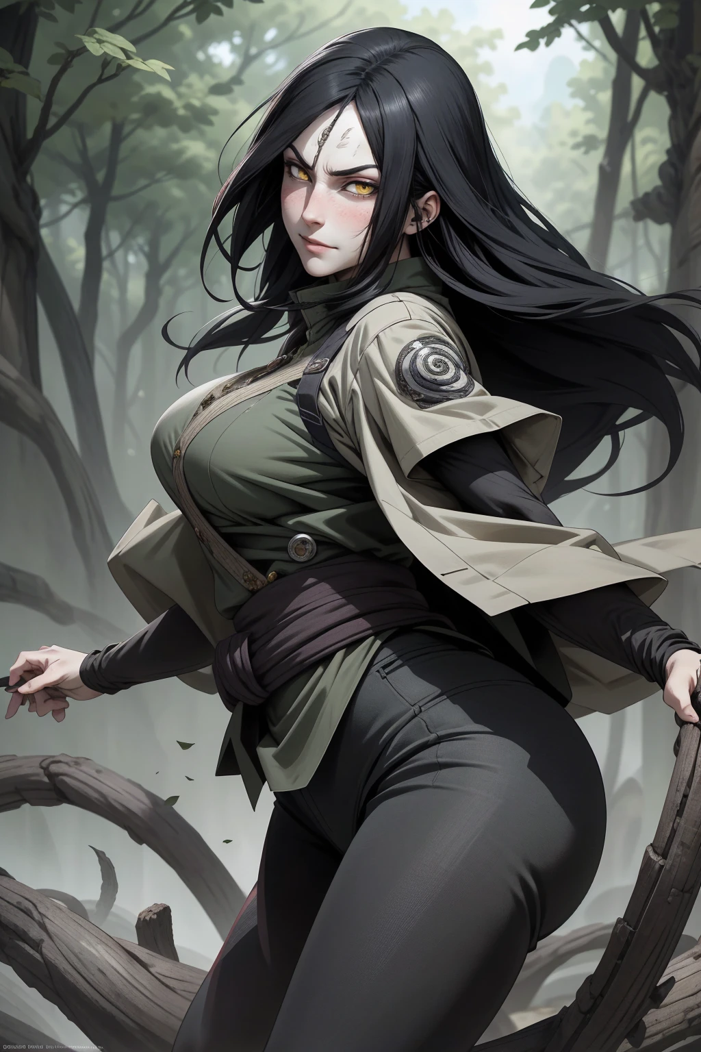 {-erro_de_anatomia:1.0} estilo anime, Masterpiece, absurdities, Orochimaru\(Naruto\), 1girl Solo, Mature woman, Oversized shirt with broad shoulders, Perfect composition, Detailed lips, large breasts, Beautiful face, body proportion, Blush, Long black hair, ( black hair), yellow eyes, (sexy), Soft gauze, Super realistic, Detailed, photo shoot, Realistic faces and bodies, masterpiece, best quality, best illustration, hyper detailed, 1 girl, solo, glamorous, blushing, whole body, fighting, on nature, backwards, looking back, dimanic poses