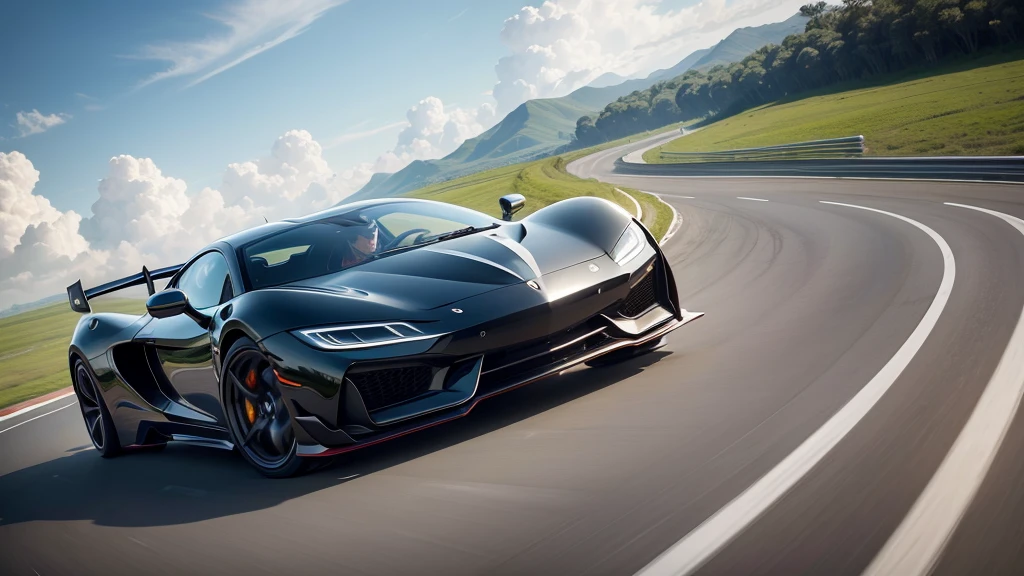 A supercar moving on road and a plane flying in sky some clouds and motion blur effect on road
