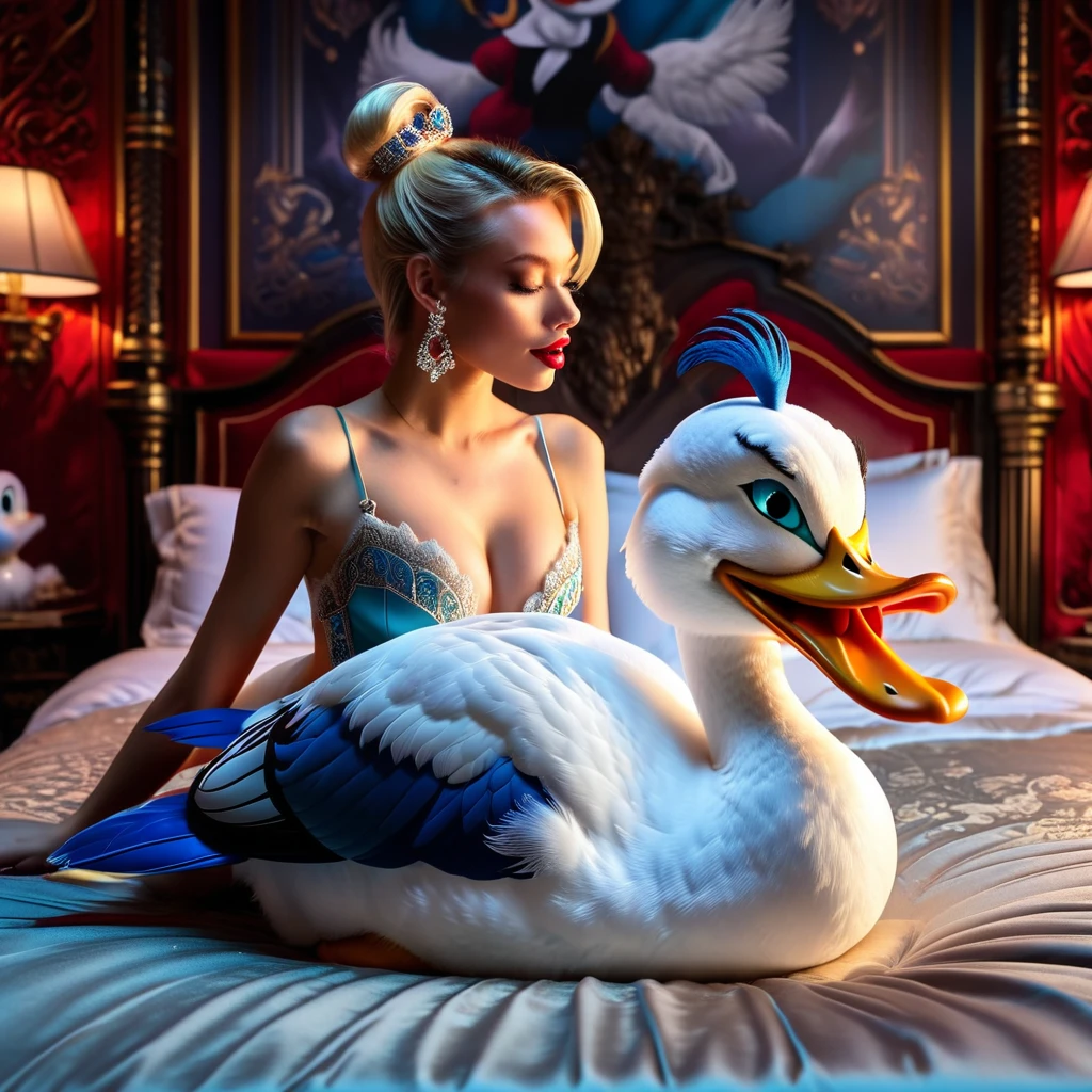 (masterpiece, 8K, UHD, RAW), A sexy blonde girl kissing a evil Donald Duck in bed, (((a beautiful young woman riding on top of one huge horrific Donald Duck))), (she rides the male Donald Duck with lustful femininity), her beautiful body is covered by a sheer translucent white lace bra with Art Nouveau embroidery, big sexy perky breasts, her pristine delicate features contrasts with the horrendous menacing fangs of the corrupted male Donald Duck, full body vibrant illustrations, intricately sculpted, realistic hyper-detailed portraits, queencore, depicts real life, the scene happens in a luxurious Art Nouveau boudoir with studio illumination, red and teal silk satin