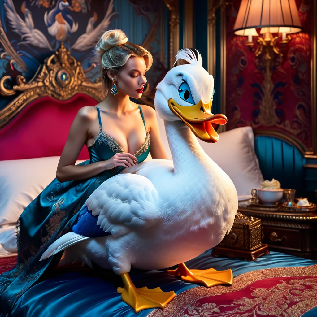 (masterpiece, 8K, UHD, RAW), A sexy blonde girl kissing a evil Donald Duck in bed, (((a beautiful young woman riding on top of one huge horrific Donald Duck))), (she rides the male Donald Duck with lustful femininity), her beautiful body is covered by a sheer translucent white lace bra with Art Nouveau embroidery, big sexy perky breasts, her pristine delicate features contrasts with the horrendous menacing fangs of the corrupted male Donald Duck, full body vibrant illustrations, intricately sculpted, realistic hyper-detailed portraits, queencore, depicts real life, the scene happens in a luxurious Art Nouveau boudoir with studio illumination, red and teal silk satin