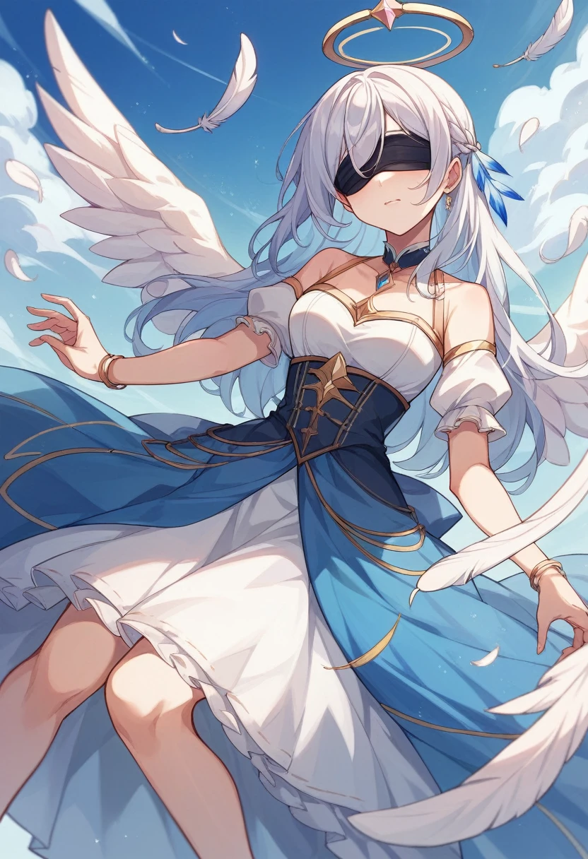 High resolution、Live Action、Genuine、blue sky、White cloud、Angel、feather、beautiful girl、thin、Blue clothes、dress、Blindfold、Actual images、Reality