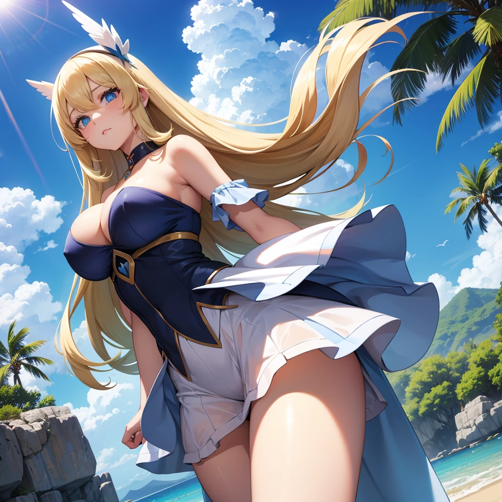 Image haute définition d'une jeune femme ultra sexy, une beauté indescriptible moitié humain moitié pokemon, corp sensuelle, proportion haut et bas de corps parfait, regard attractive, plume multicolores qui bouge avec le vent sous un soleil et sous ciel bleu splendide dans une tenue tres peu couvert