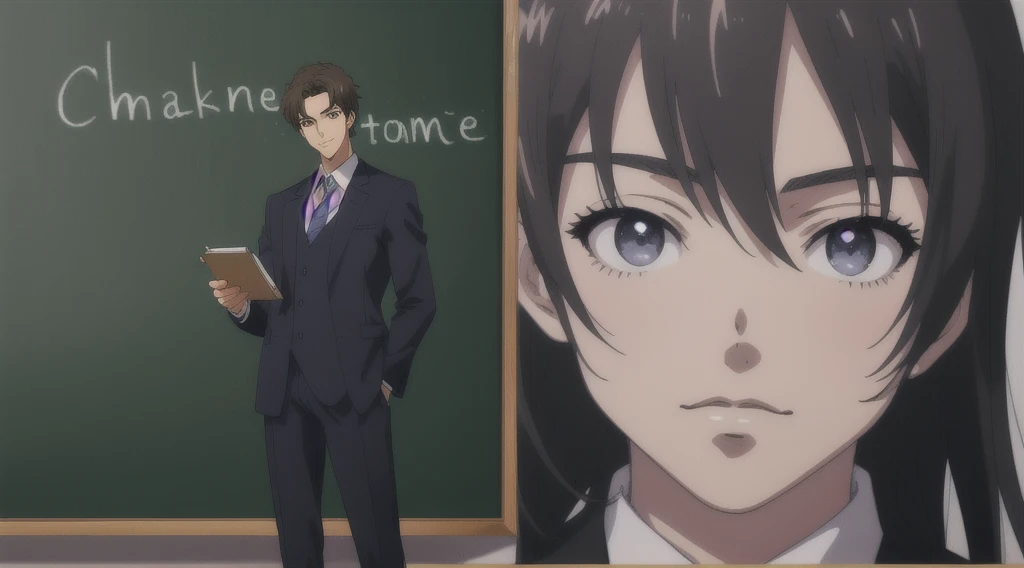 high quality、masterpiece、Teacher standing in front of the podium、Chalkboard at the back、male、Black suit、Anime Style、Close-up of face、Handsome、Anime Style、front