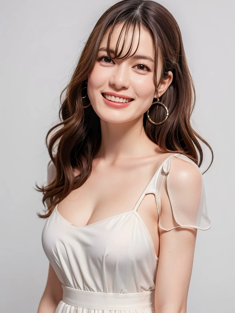 highest quality:1.3, masterpiece, Ultra-high resolution, realistic:1.3, solo:1.3, ((Clear Face)), sidelighting, cowboy shot, (looking at camera:1.3), (navy dress), standing, white background, Showcasing cleavag, arms behind back, (big busts), long hair, smile