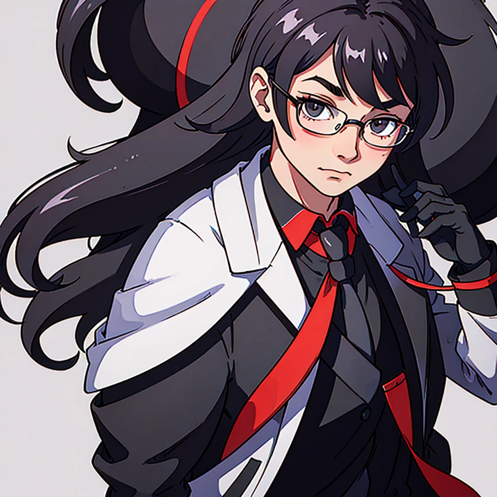 man in glasses, black fur, black suit with small white stripes, and red tie