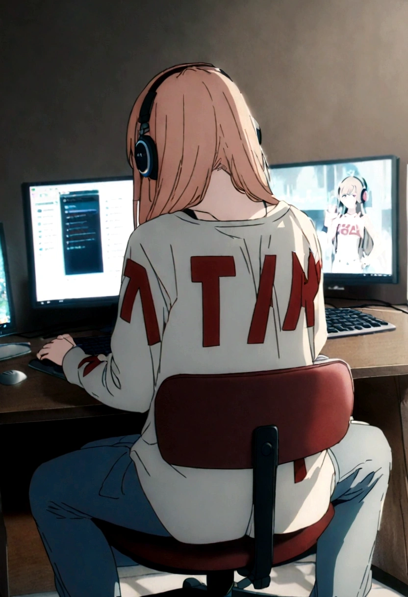 1 anime girl, wearing a shirt with the name harl written big on it, in the back, sitting on a chair, Wearing Headphones, playing on pc, focused on the game, with blue and red particles around.